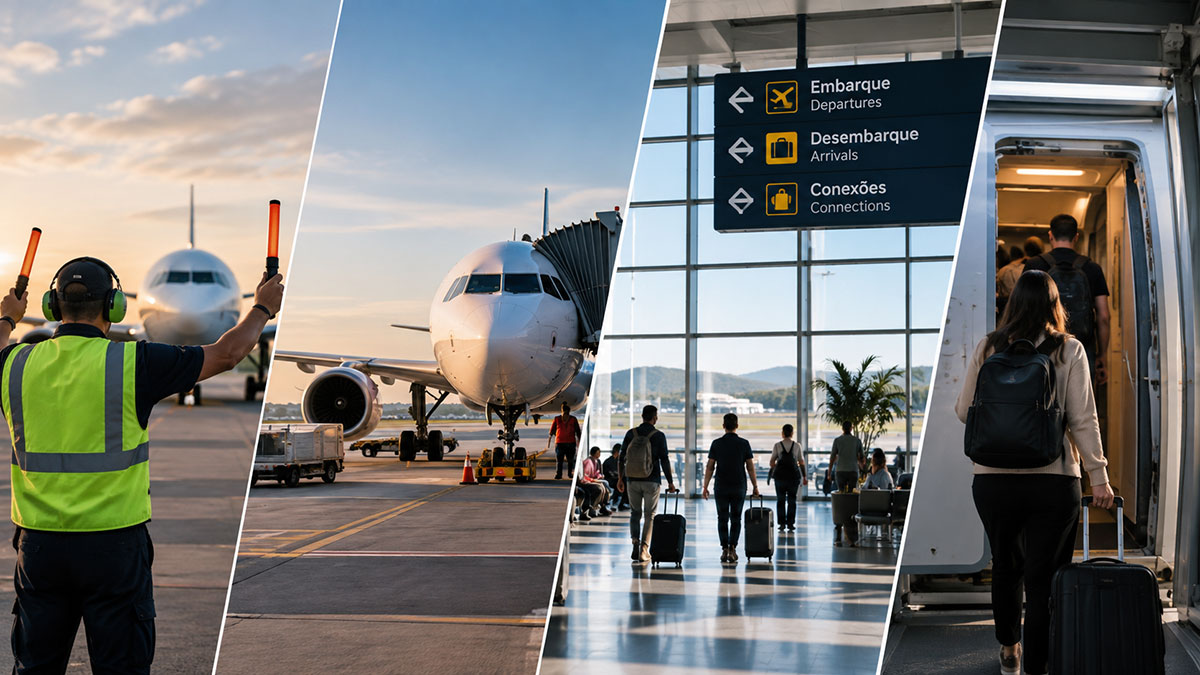 Operação aeroportuária com fiscal de pátio, aeronave em solo, terminal e embarque de passageiros